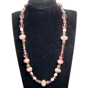 Breast Cancer Awareness Glass Bead Necklace 16" Unsigned